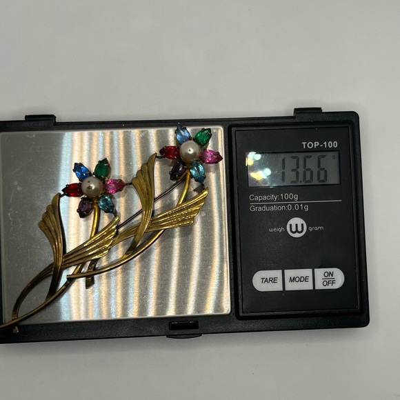 Flower SYMMETALIC rhinestone Vintage STERLING Silver 14KT Gold Brooch Pin - Picture 10 of 16